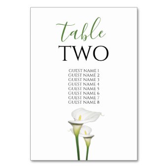 Elegant White Calla Lilies Wedding Guest Names Table Number | Zazzle