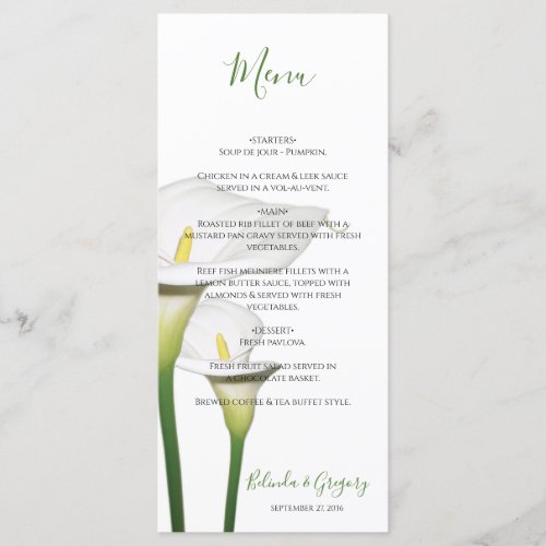 Elegant White Calla Lilies Wedding Menu