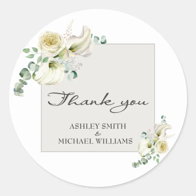 Elegant White Calla Lily & Eucalyptus Wedding Classic Round Sticker ...