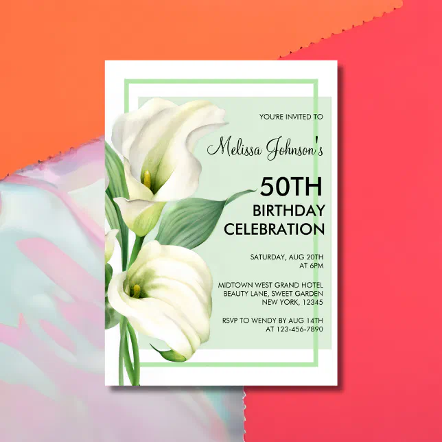 Elegant White Calla Lily Floral 50th Birthday Invitation | Zazzle