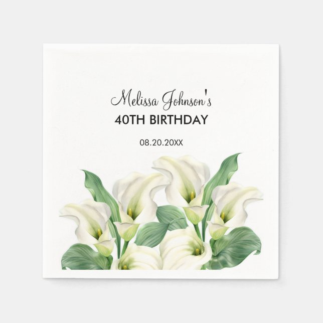 Elegant White Calla Lily Floral Birthday Napkins (Front)