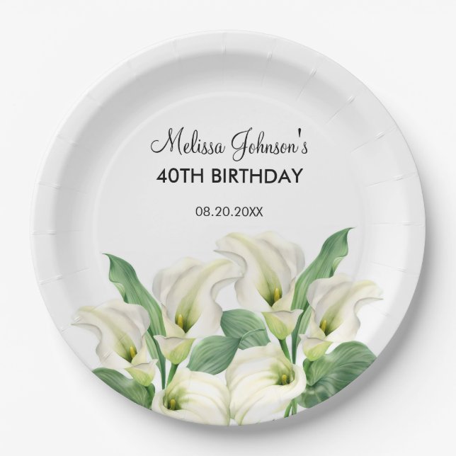 Elegant White Calla Lily Floral Birthday Paper Plates (Front)