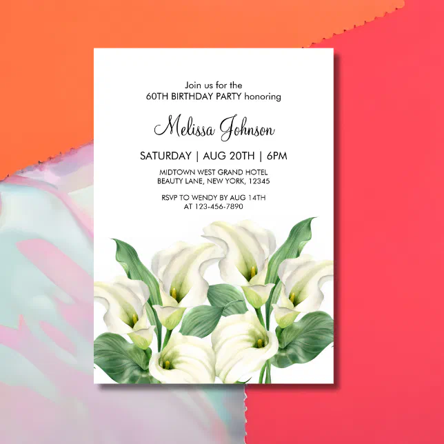 Elegant White Calla Lily Floral Botanical Birthday Invitation | Zazzle