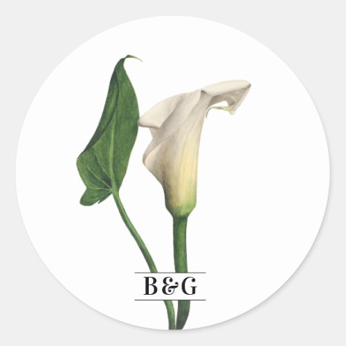 Elegant White Calla Lily Green Botanical Wedding Classic Round Sticker