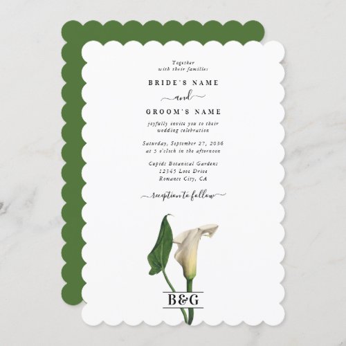 Elegant White Calla Lily Green Botanical Wedding Invitation