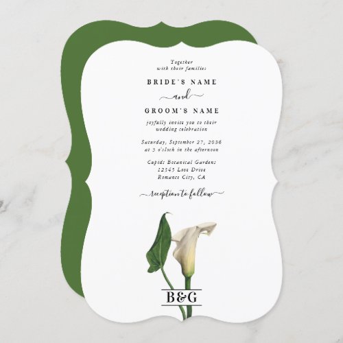 Elegant White Calla Lily Green Botanical Wedding Invitation