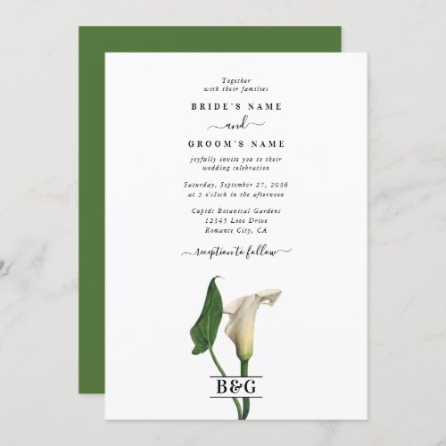 Elegant White Calla Lily Green Botanical Wedding Invitation