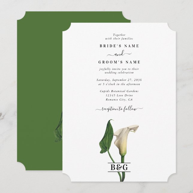 Elegant White Calla Lily Green Botanical Wedding Invitation (Front/Back)