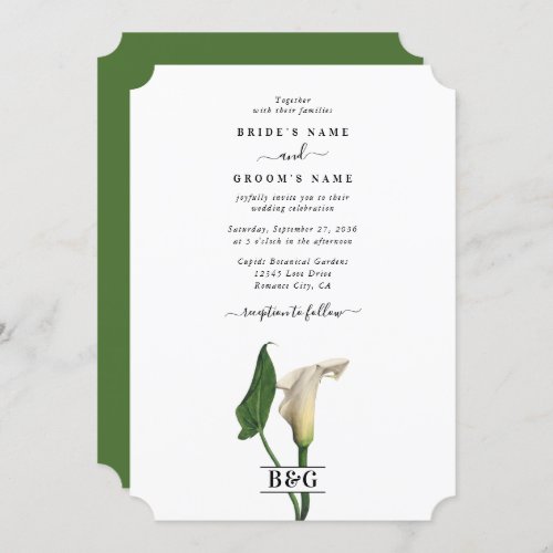 Elegant White Calla Lily Green Botanical Wedding Invitation