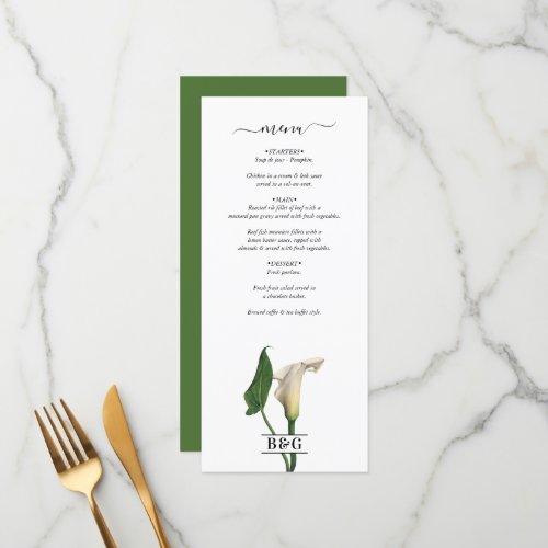 Elegant White Calla Lily Green Botanical Wedding Menu