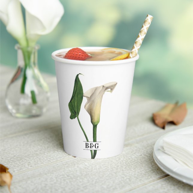 Elegant White Calla Lily Green Botanical Wedding Paper Cups (Insitu)