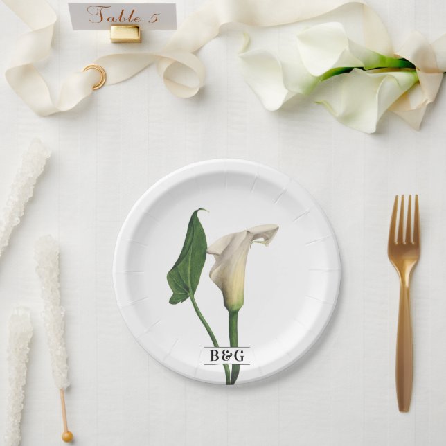 Elegant White Calla Lily Green Botanical Wedding Paper Plates (Wedding)