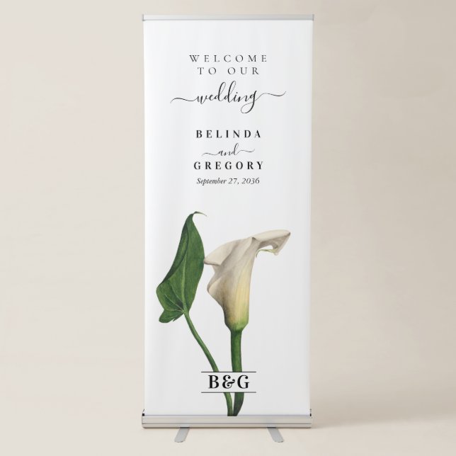 Elegant White Calla Lily Green Botanical Wedding  Retractable Banner (Front)