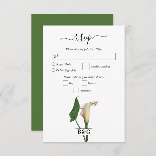 Elegant White Calla Lily Green Botanical Wedding RSVP Card
