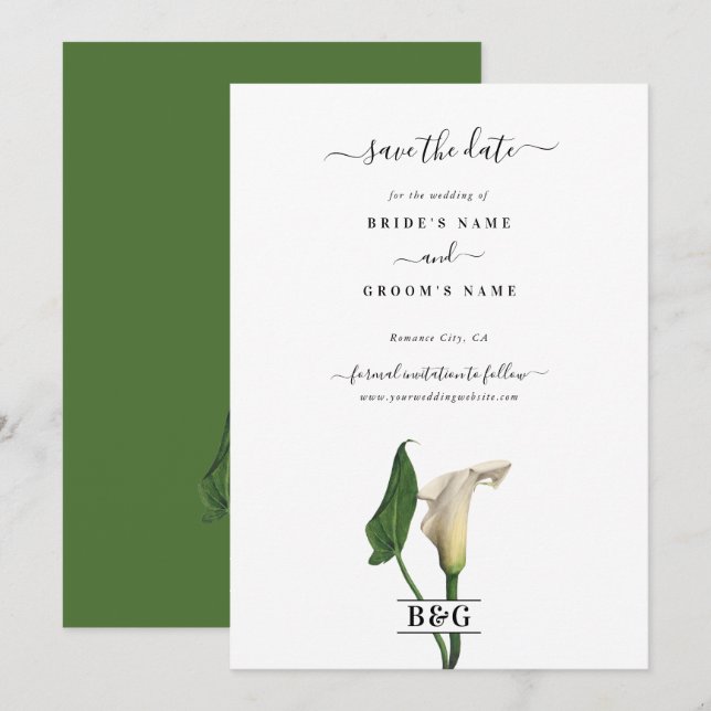 Elegant White Calla Lily Green Botanical Wedding Save The Date (Front/Back)