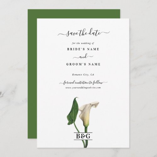 Elegant White Calla Lily Green Botanical Wedding Save The Date