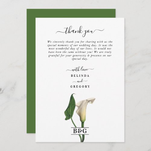 Elegant White Calla Lily Green Botanical Wedding Thank You Card