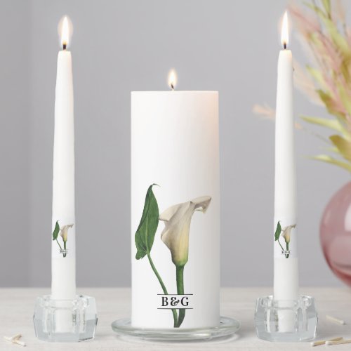 Elegant White Calla Lily Green Botanical Wedding Unity Candle Set