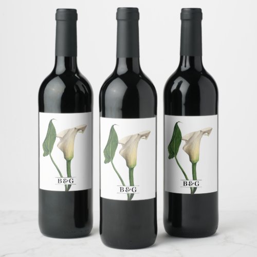 Elegant White Calla Lily Green Botanical Wedding Wine Label