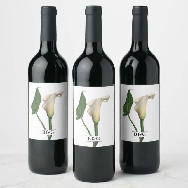 Elegant White Calla Lily Green Botanical Wedding Wine Label (Bottles)