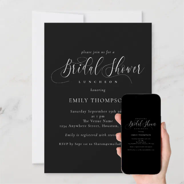 Elegant White Calligraphy Black Bridal Shower Invitation Zazzle