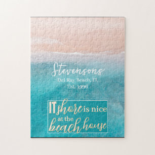 Elegant White Calligraphy Family Name Beach House Jigsaw Puzzle