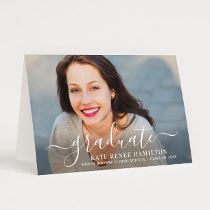 Elegant White Calligraphy Graduate Photo Thank You Card