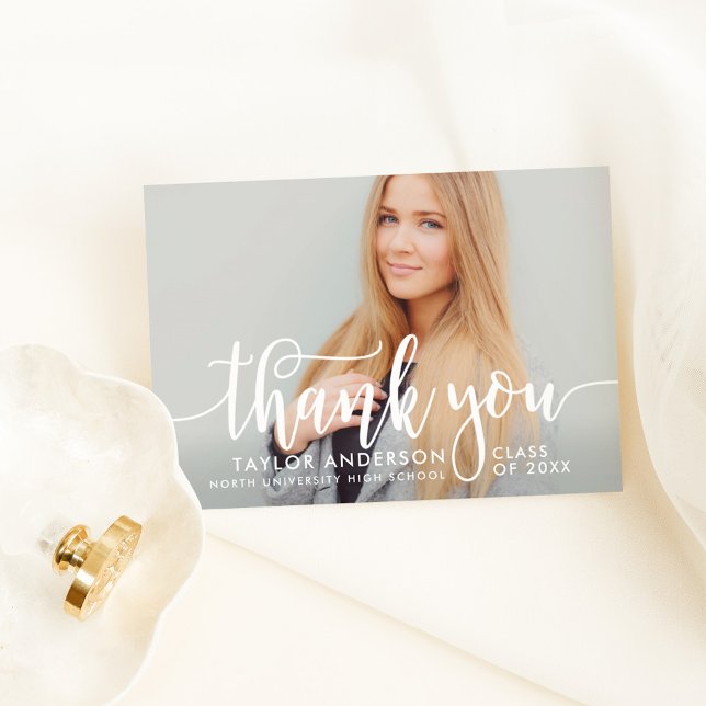 Elegant White Calligraphy Graduation Photo Thank You Card (Creator Uploaded)