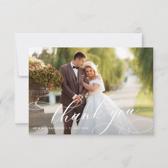 elegant white calligraphy lettering wedding photo thank you card (Front)