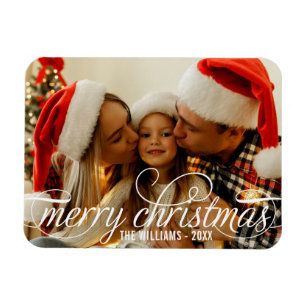 Elegant White Calligraphy Merry Christmas Name Magnet