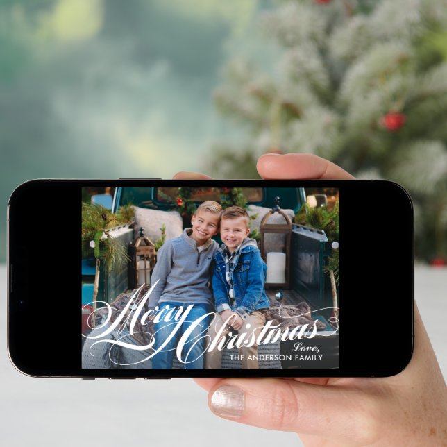 Elegant White Calligraphy Merry Christmas Photo Holiday Card (Front Digital)