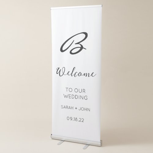 Elegant White Calligraphy Monogram Wedding Welcome Retractable Banner