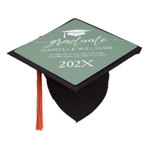 Elegant White Calligraphy On Sage Green Graduation Cap Topper