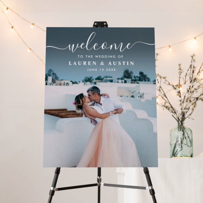 Elegant White Calligraphy Photo Wedding Welcome Foam Board | Zazzle.com