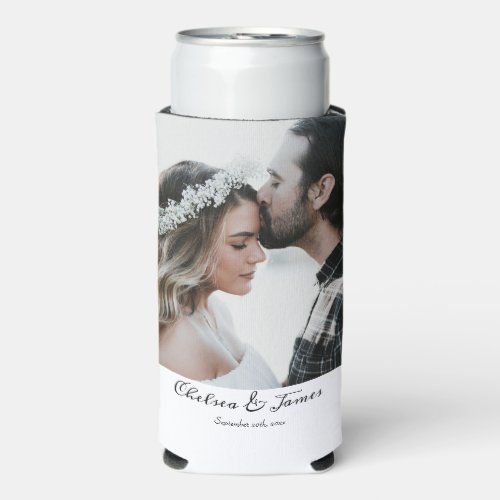 Elegant White Calligraphy Wedding Photo Party  Seltzer Can Cooler