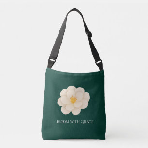 Elegant White Camellia Deep Green Botanical Bloom Crossbody Bag