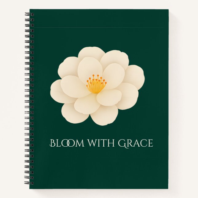 Elegant White Camellia Floral Dark Green Botanical Notebook (Front)