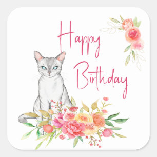 Elegant White Cat and Garden Bouquet Square Sticker