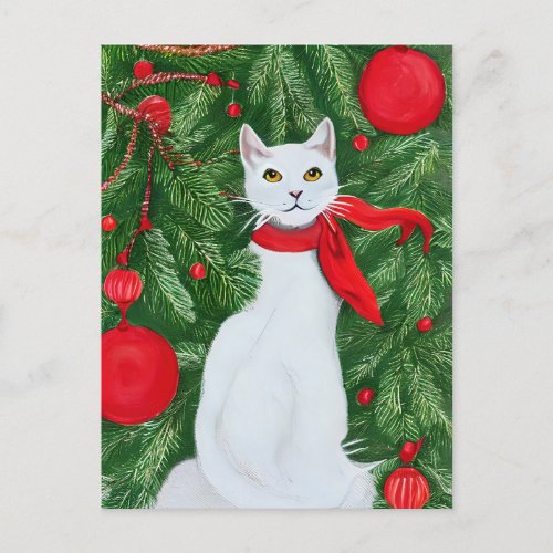Elegant White Cat Christmas  Holiday Postcard