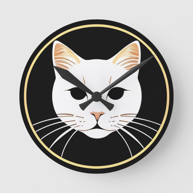 Elegant White Cat Illustration Round Clock (Front)