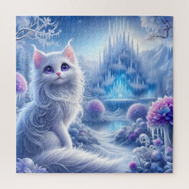 Elegant White Cat in a Snowy Magical Realm Jigsaw Puzzle (Vertical)