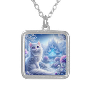 Elegant White Cat in a Snowy Magical Realm Silver Plated Necklace
