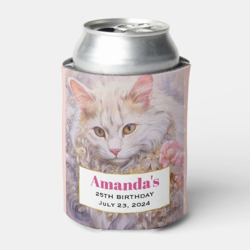 Elegant White Cat in Gold and Diamonds Birthday Can Cooler