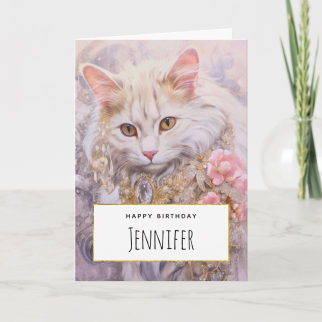 Elegant White Cat in Gold and Diamonds Birthday Card (Front)