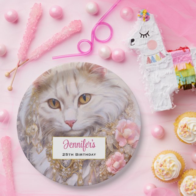 Elegant White Cat in Gold and Diamonds Birthday Paper Plates (Party)