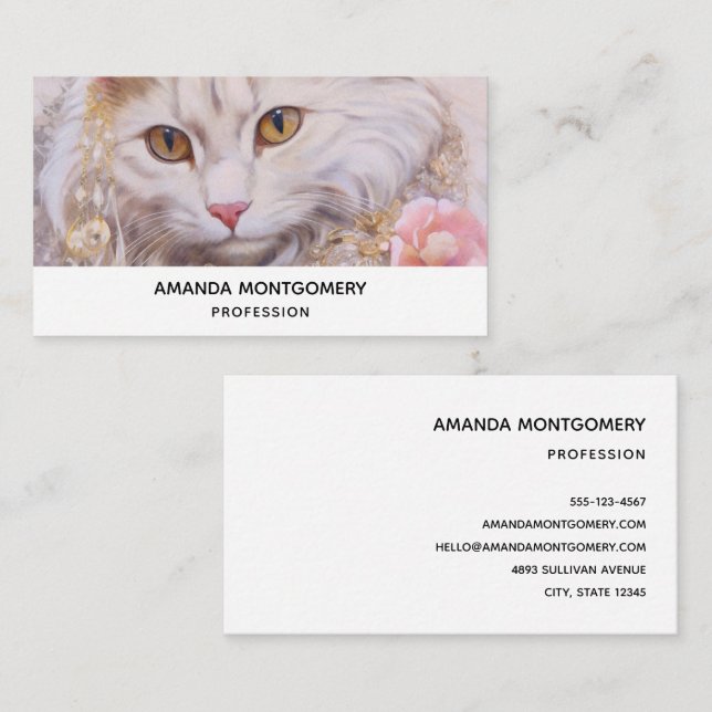 Elegant White Cat in Gold and Diamonds Business Card (Front/Back)