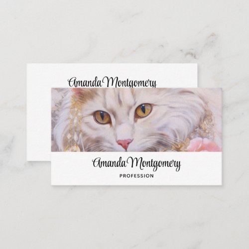 Elegant White Cat in Gold and Diamonds Business Card