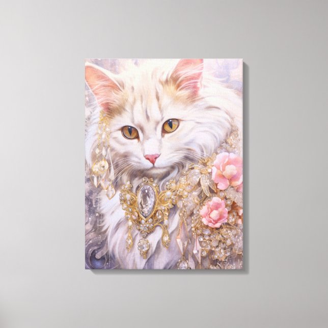 Elegant White Cat in Gold and Diamonds Canvas Print (Front)