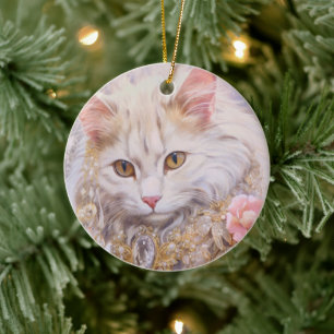 Elegant White Cat in Gold and Diamonds Ceramic Ornament