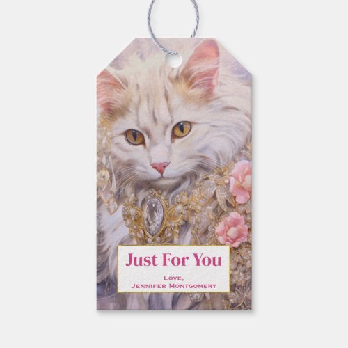 Elegant White Cat in Gold and Diamonds Gift Tags